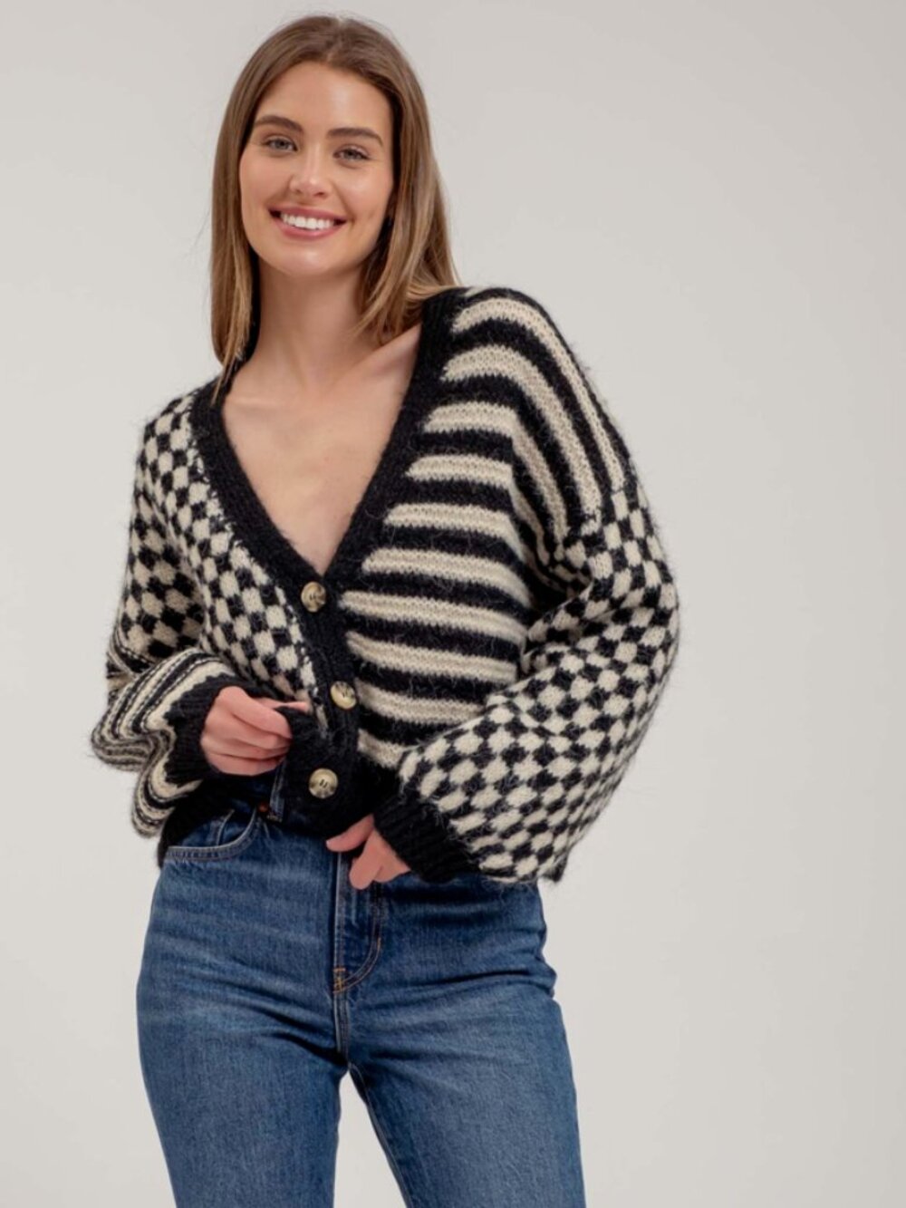 Blu Pepper Black Cream Check Stripe Balloon Sleeve Cardigan Size L